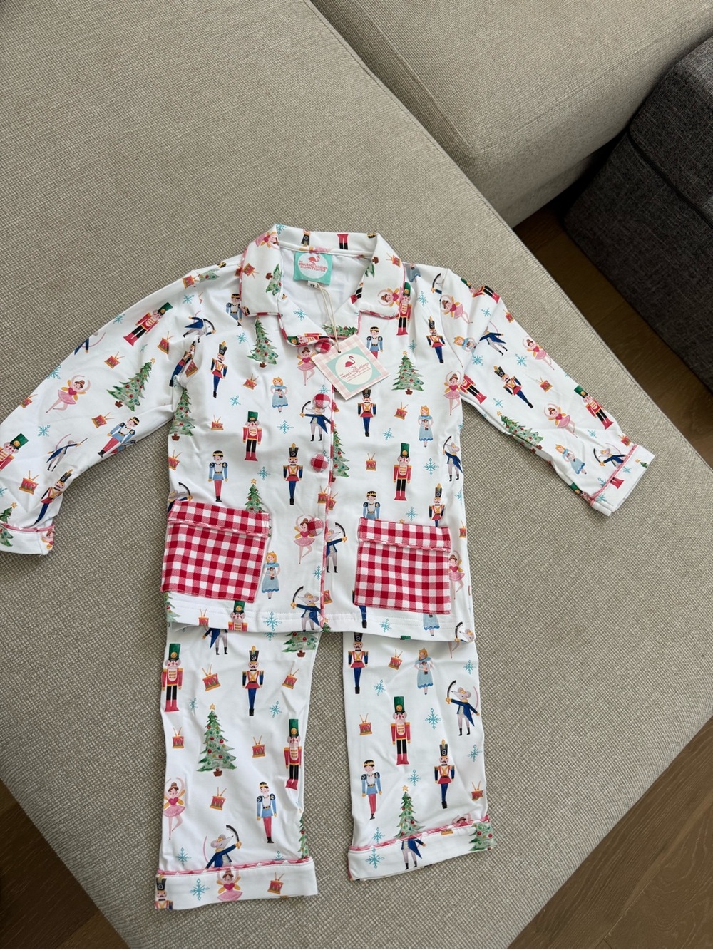 Kids Nutcracker-Print Pajama Set with Red Gingham Pockets